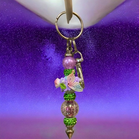 Purple & Green Butterfly Beaded Keychain, Bag, or Backpack charm - Picture 5 of 5